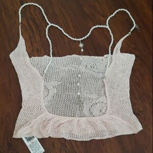 Musera Pink Knit Pearl Strap Cross Pendant Cami Size Large